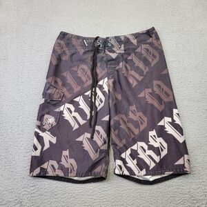 Vintage Y2K Fox Racing Board Shorts Mens 34 Brown Goth Script Riders Old English